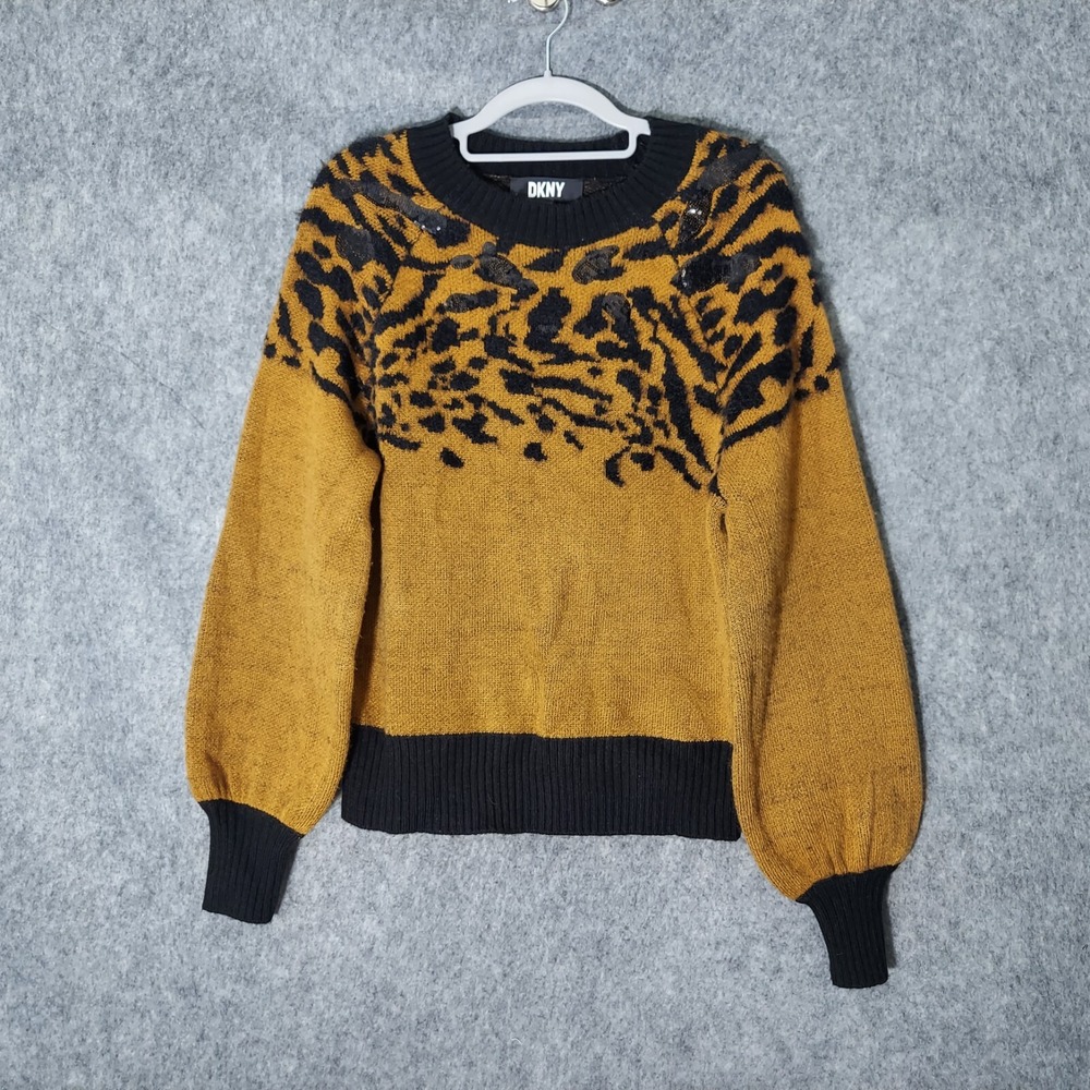 Dkny Sweater S Tiger Cheetah Sequin Puff Sleeve Brown Black Ribbed Mob Wife Edgy